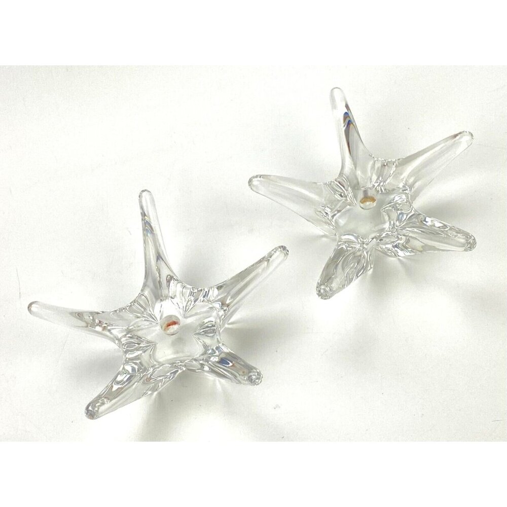 Daum France Clear Crystal Starfish Pair Small Candle Holders Signed 4" x 1.5"
